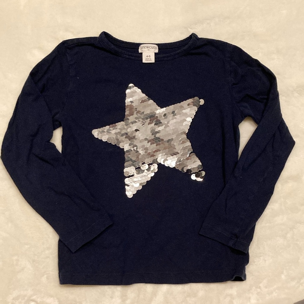 Crewcuts Blue and Silver Long Sleeve Tee with Sequin Star